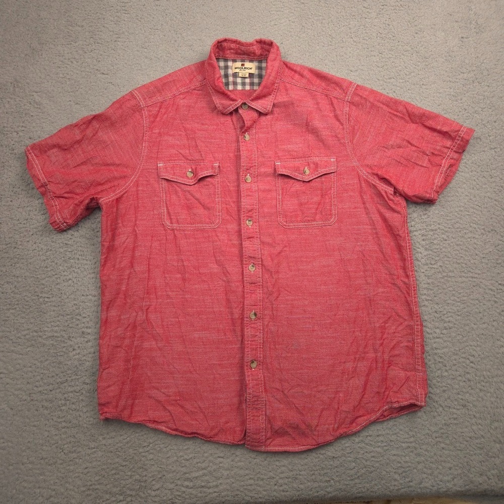 Woolrich Mens Short Sleeve Shirt XL Red Cotton Chambray Button Front Casual